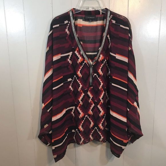 Lane Bryant Burgundy Multi Plus Southwest Dolman Long Sleeve Beaded Top 22/24 - Picture 1 of 11